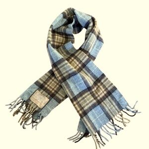 Vintage Chatsworth Wool Plaid Scarf Fringe Brown Gray Blue Made in UK